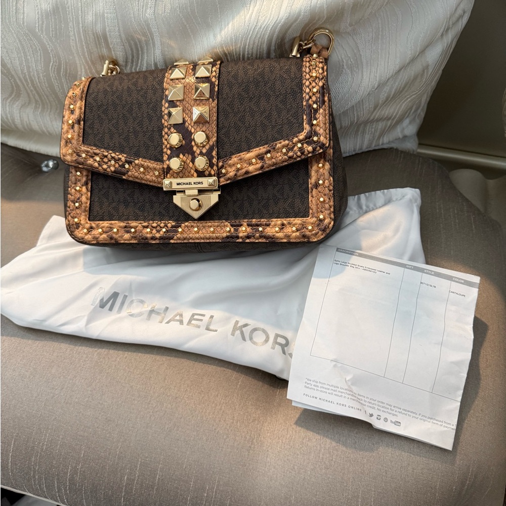 Michael Kors Brown Logo and Snakeskin-Trim Studded Crossbody